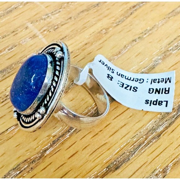 Lapis Lazuli Real Gemstone Ring 1 Inch Embellished Setting Ring Size 8 - Picture 3 of 8